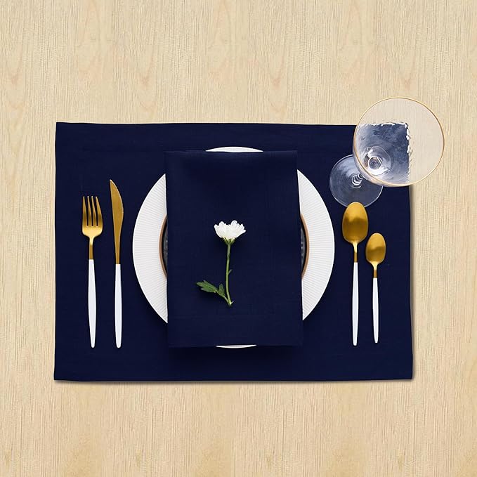 Solino Home Linen Navy Blue Placemats Set of 4 - 100% Pure Linen Placemats 14 x 19 Inch for Fall, Autumn, Thanksgiving, Christmas, Winter - Fete