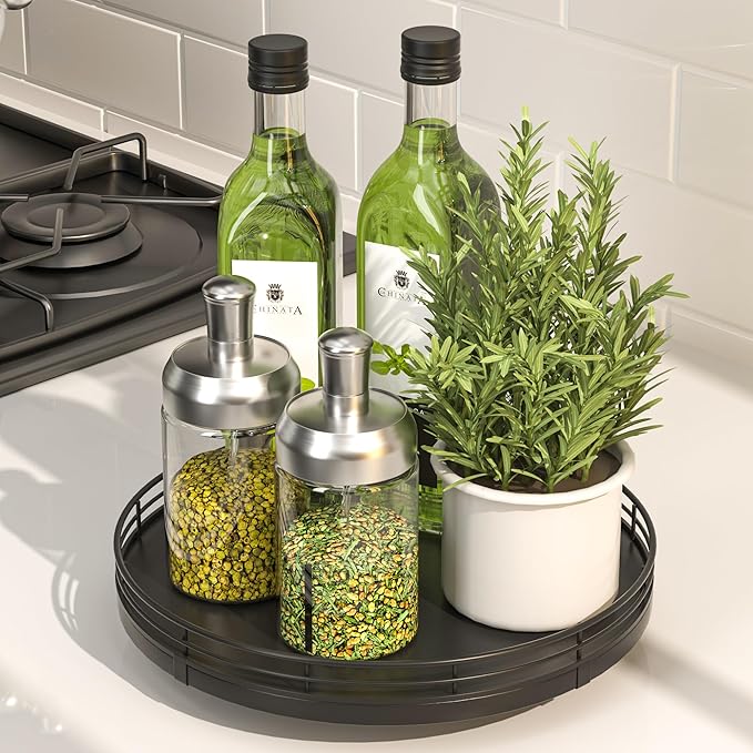 9" Oak Wood Lazy Susan Turntable Organizer, Lazy Susan for Cabinet Dining Table Pantry Wood Rotating Tray for Kitchen Countertop Coffee Table Decor Spinning Spice Can Organization and Storage Black