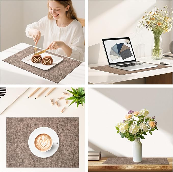 DOLOPL Placemats Set of 12, Reversible Wipeable & Heat Resistant Place Mats, Modern Faux Leather Table Mats for Kitchen, Neutral Waterproof Tablemats for Dining Table Decor, Wedding, Party(Brown)