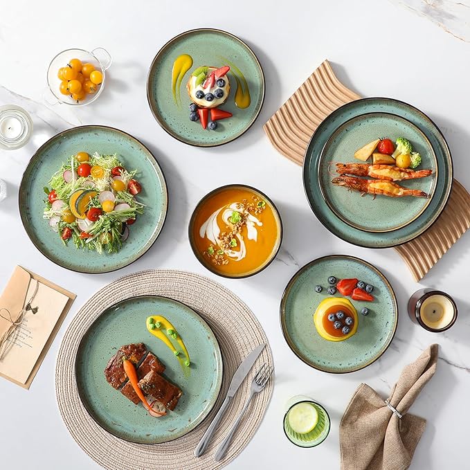 vancasso Plates and Bowls Sets, 24 Pieces Stoneware Dinnerware Sets for 8, Kitchen Dish Set Mircowave and Dishwasher Safe Dinner Set Ceramic Dishware, Turf Green, Series AMBER