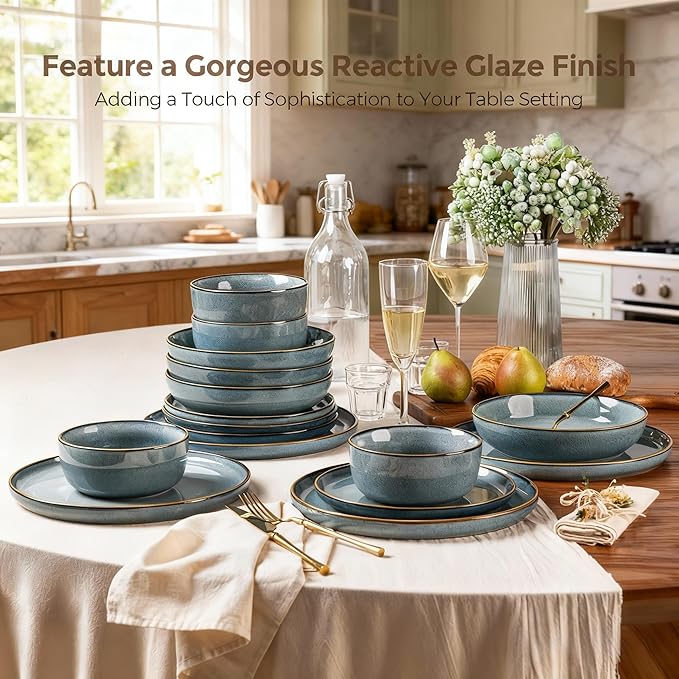GBHOME Ceramic Dinnerware Sets for 6, 18 Pieces Stoneware Plates and Bowls Sets, Scratch Resistant Dishes, Dishwasher & Microwave Safe, Space Blue