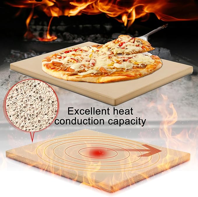 Large 16"x14" Pizza Stone for Outdoor Cooking, Grill & Camping Cordierite Baking Stone with Non-Slip Handles High Heat Resistance