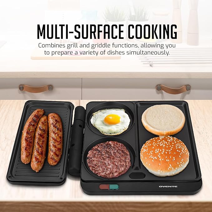 OVENTE Sandwich Maker and Hamburger Grill Machine with Non-Stick Griddle and Griller Plate, 1000W Electric Multipurpose Breakfast Station for Sandwiches, Burgers, Egg Muffin & Pancakes, Black HMG111B