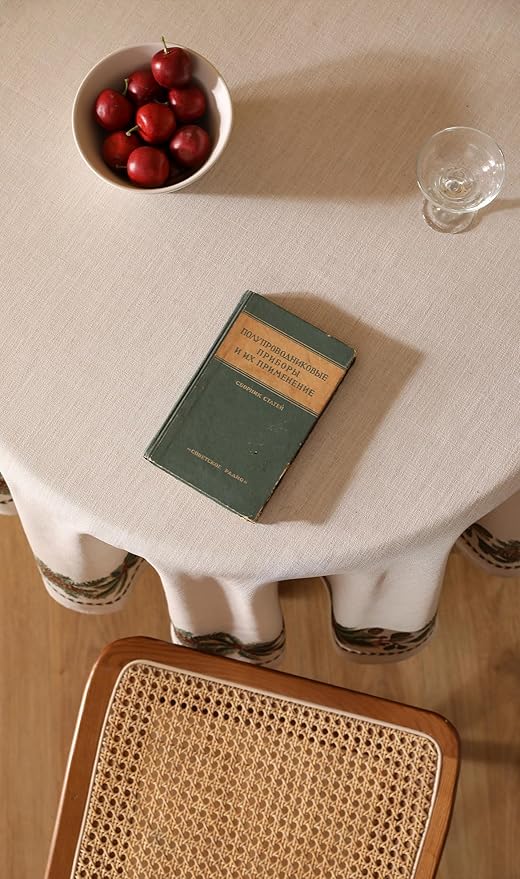 Christmas Tablecloth for Round Tables,Linen Table Cloth with Leaves and Pinecones Pattern,Heavy Durable Table Cover for Dining Thanksgiving Kitchen Decor Party Christmas,Diameter 55"