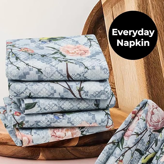 Bedding Craft Cotton Cloth Dinner Napkins Set of 12 – 18x18 Birds Print Design with 1" Fold – Reusable Machine Washable Fabric Napkins for Parties, Dining & Everyday Use