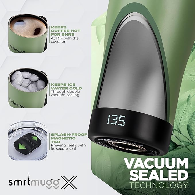 X Heated Coffee Mug 19 oz., 8 Hour Battery Life, Self-Heating, Adjustable Temp Controlled, LCD Screen, Includes Cover with Magnetic Slider (Black) (Sage Green)