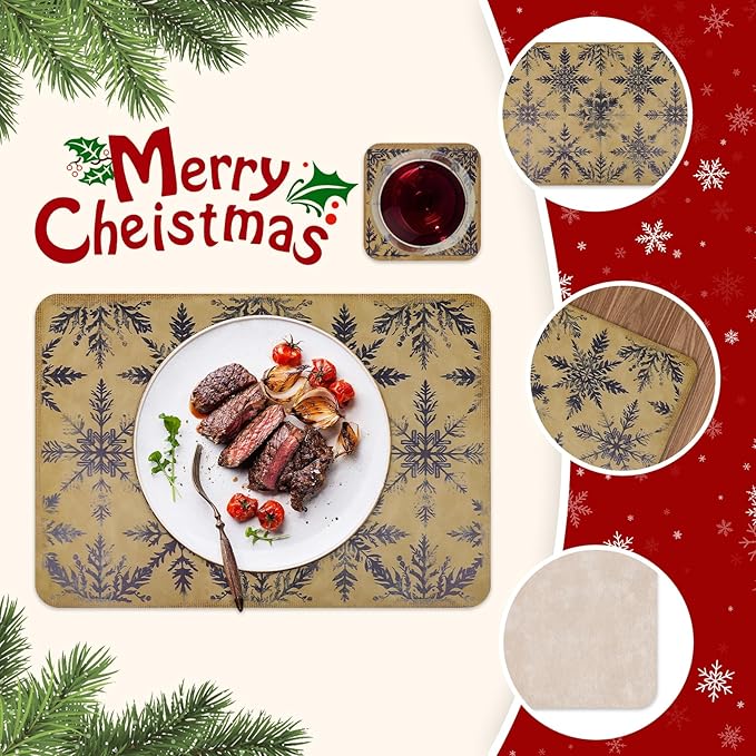 Le courant 16.9in 6PACK Christmas Blue Snowflake Placemats with 6 Coasters, Reversible Faux Leather Easy Clean Waterproof Stain Resistant Place Mats, for Home Party Dining Holiday Table Decor