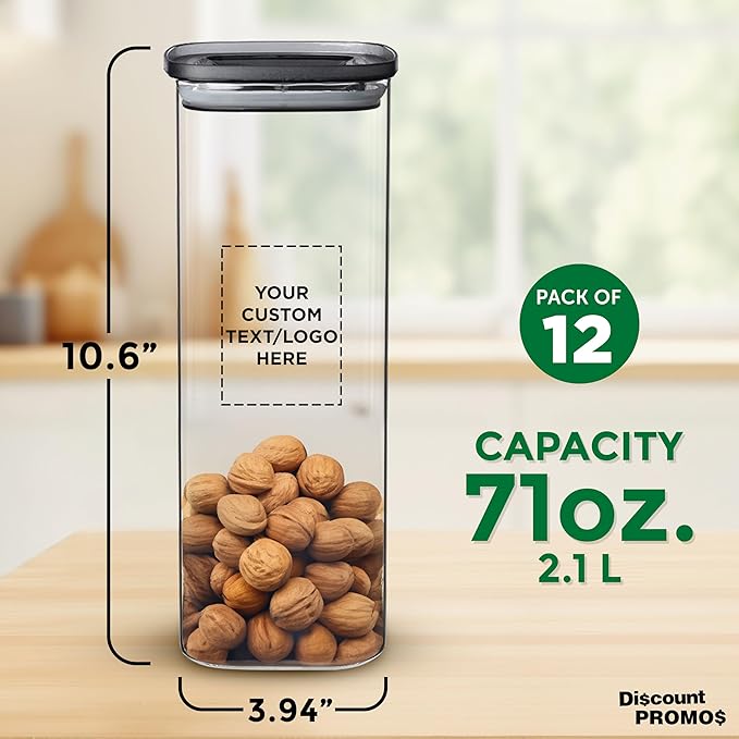 DISCOUNT PROMOS Custom Meridian 71 oz. Glass Storage Jars Set of 12, Personalized Bulk Pack - Durable Kitchen Organization, Home Decor Essentials, Food Storage Solutions - Clear