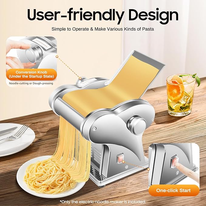Electric Pasta Maker, Stainless Steel Roller Noodle Making Machine with 8 Adjustable Thickness Settings, Commercial Noodle Maker with Rollers and Cutter, for Spaghetti, Fettuccini, Lasagna