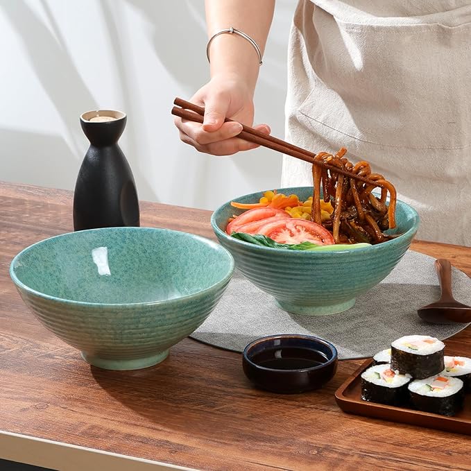 NUTRIUPS 8 Inch Ceramic Ramen Bowl Set of 2 Pho Bowls 40oz Japanese Noodle Udon Soup Bowls with Spoons and Chopsticks (Ice Crack Green)