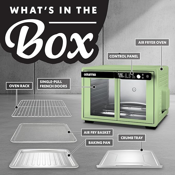 Gourmia French Door Digital Air Fryer Oven - XL 37QT Capacity, 12 Presets, FryForce 360° Tech, Dehydrate, Proof, Slow Cook, Fits 13” Pizza, 1700W, Green