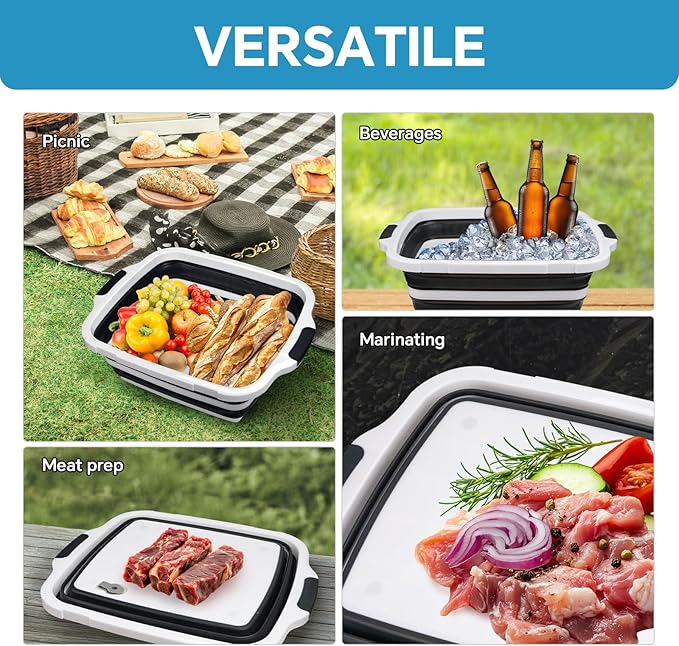 Collapsible BBQ Prep Tub for Meal Prep, Marinating, and Food Storage - Includes Cutting Board and Locking Lid,Ideal Gifts for Christmas,Dad,mother (X-Large) Black
