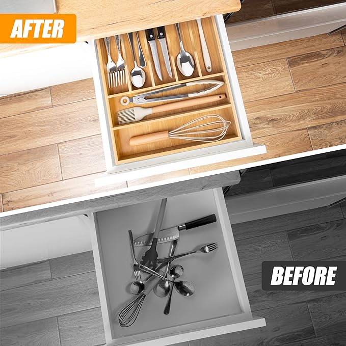 Bellsal Bamboo Silverware Drawer Organizer, Kitchen Utensil Drawer Organizers, 12"x15.7" Utensils Holder Cutlery Tray with Grooved Drawer Dividers for Kitchen Flatware Bedroom Office(7 Slot, Natural)