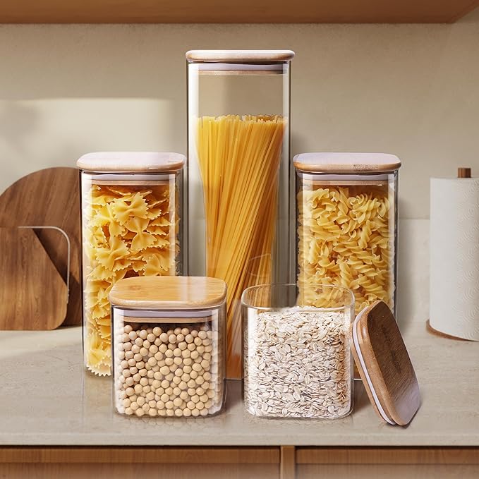 Square Glass Jars with Bamboo Lids [Muti Size Set of 5], Glass Canisters with Airtight Lids, Glass Food Storage Containers for Pasta, Cereal, Flour, Sugar, Best for Kitchen & Pantry