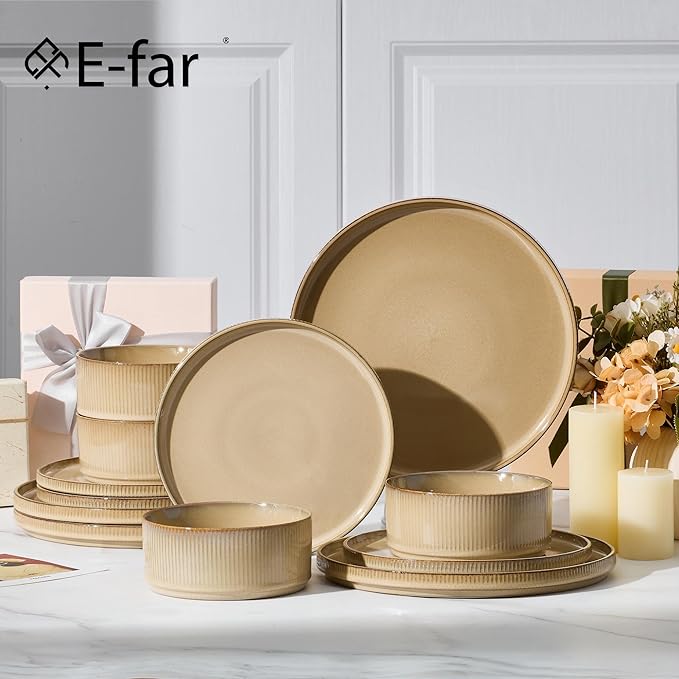 E-far 12-Piece Plates and Bowls Sets, Stoneware Dinnerware Dishes Sets for 4, Kitchen Modern Dining Dishware, Chip & Scratch Resistant, Microwave & Dishwasher Safe, Caramel Khaki