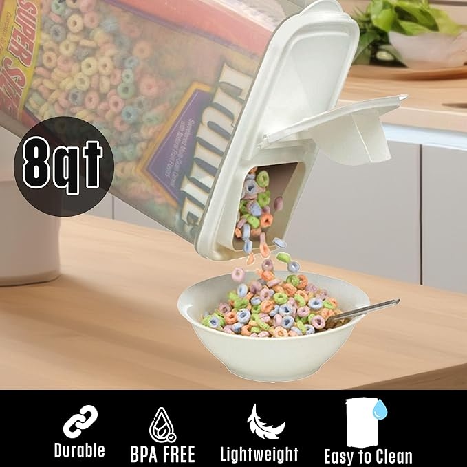 Buddeez Bulk Food Storage Container - 8 Quart All Purpose Clear & Large Pantry and Kitchen Organization and Storage - Cereal, Flour, Sugar, Rice Dispenser, EZ Grip Handle, EZ Pour Spout (White Lid)