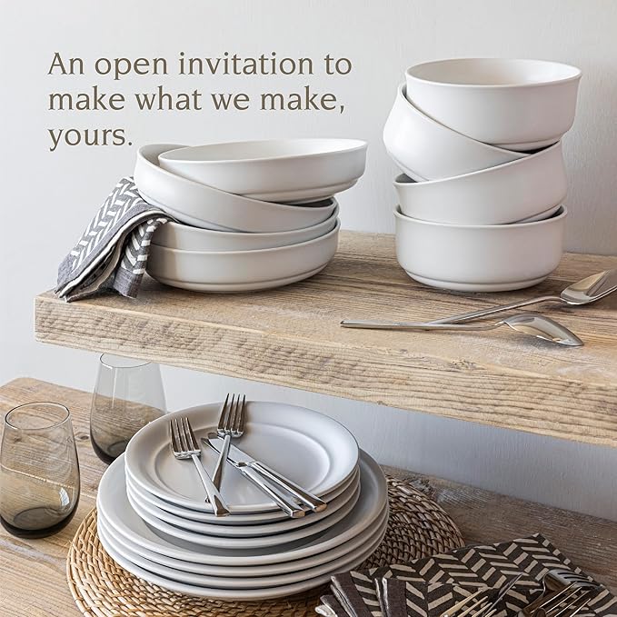 over&back Rim Dinnerware Set - Stoneware Dishes - Comes with 4 Dinner Plates, Salad Plates, Cereal Bowls, and Dinner Bowls - 16-Piece All-Occasion Place Settings - Serves Four - Semi-Matte White