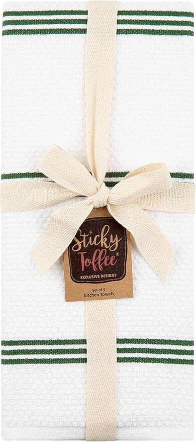 Sticky Toffee Cotton Kitchen Towels Set of 4 – 28x16 in Dark Green and White Dish Towels, Reusable and Absorbent Tea Towels for Cleaning or Drying, Oeko-Tex Cotton