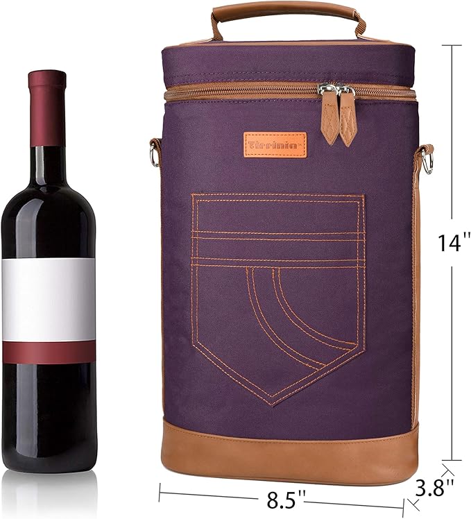 Tirrinia 2 Bottle Wine Gift Tote Carrier - Insulated & Padded Versatile Cooler Bag for Travel, BYOB Restaurant, Wine Tasting, Party, Great Gift for Wine Lover, Purple