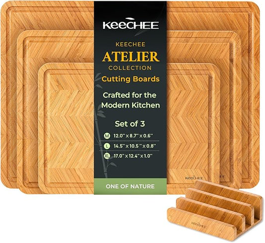 Atelier Collection Bamboo Cutting Board Set of 3, Reversible Boards for Kitchen with Juice Grooves, Handcrafted Luxury Cutting Boards, Large Wood Chopping Board for Cooking and Serving
