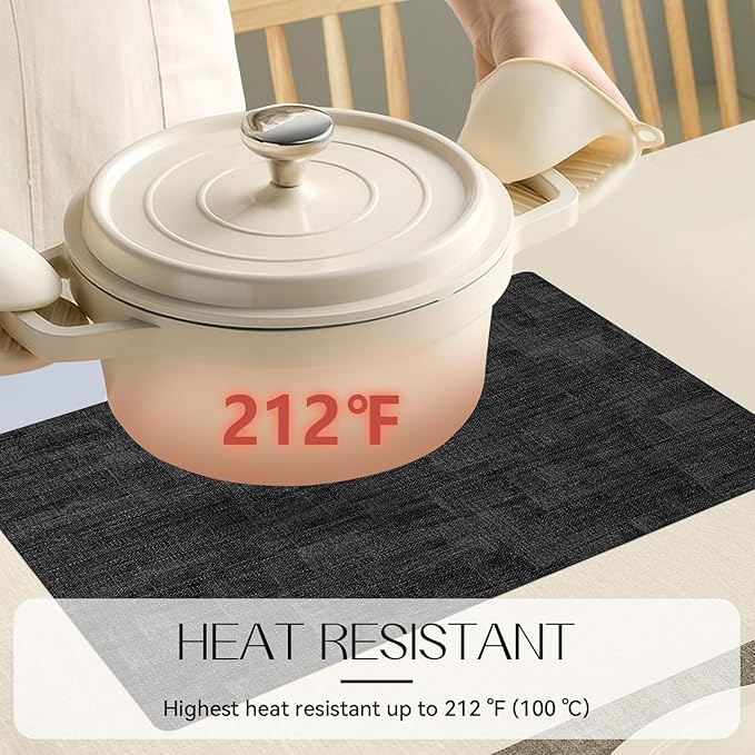 Romanstile Reversible Vinyl Placemats Set of 8, Faux Leather 100% Waterproof Oil-Proof Wipeable Place Mats, Heat Resistant Dual Sided Table Mats for Kitchen/Dining/Party (Grey Black, 12 x 17 Inch)