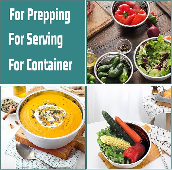 P&P CHEF Mixing Bowls With Lids, Set of 6, Stainless Steel Nesting Mixing Bowls & Fitting Lids & Non-Slip Silicone Bottom, Ideal for Mixing, Storing, Size 0.7/1/1.5/2.5/3/4.6 Qt, Multicolor