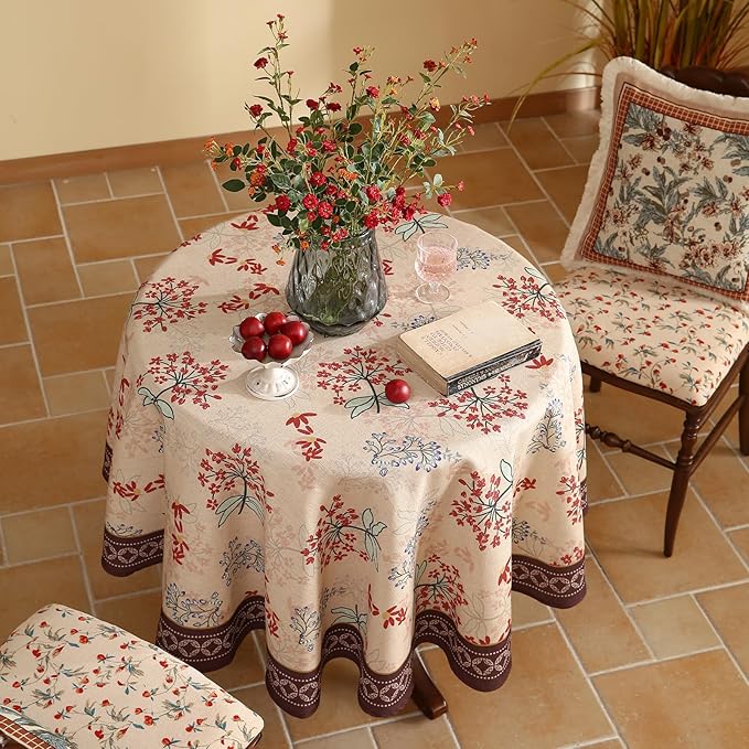 patdrea Designer Floral Linen Table Cloth Durable Breathable Tabletop Cover Dacorative Kitchen Dining Tablecloth for Round Tables for Kitchen Dining Parties,Holiday Christmas,Diameter 55"