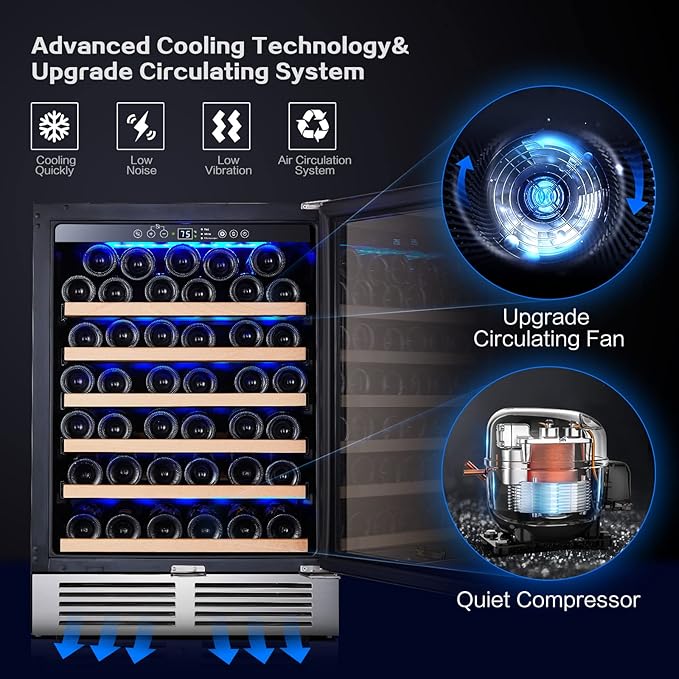 BODEGA Wine Fridge Freestanding, 24 inch Under Counter Wine Refrigerator, Cooler with App Control, Glass Door, for Kitchen, Bedroom, Home, Office, Holds 52 Bottles