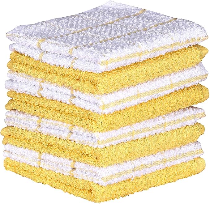 AMOUR INFINI Cotton Kitchen Dish Cloths Set of 8 – Highly Absorbent, Super Soft Premium Terry Cleaning Cloth (12"x12" Inch) Premium Dishcloths for Washing Dishes (Yellow)