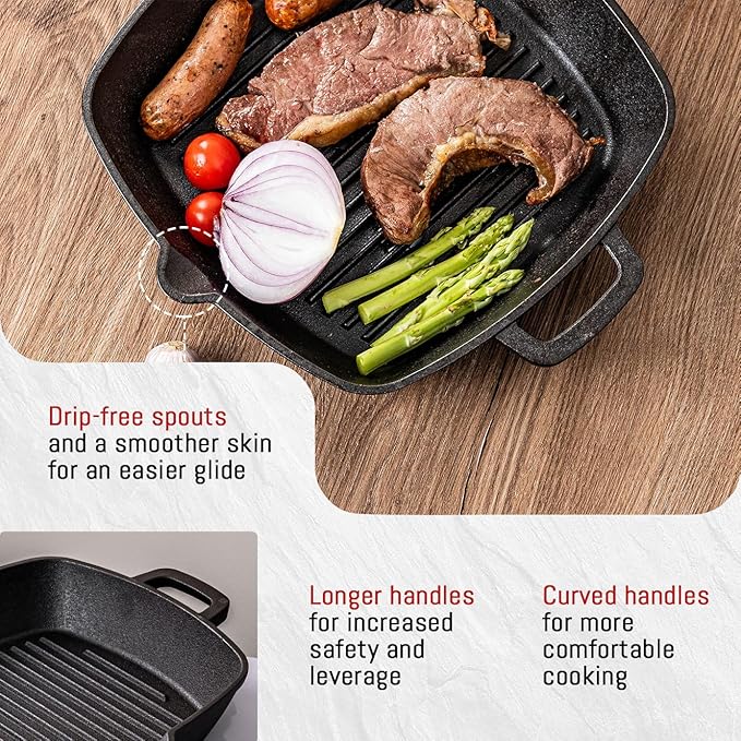 10 Inch Cast Iron Grill Pan & Skillet, Pre-Seasoned Stovetop Griddle Pan with Dual Handles for Indoor Cooking, Frying, Grilling, Searing Steak & Meat on Gas, Electric, Induction Cooktops