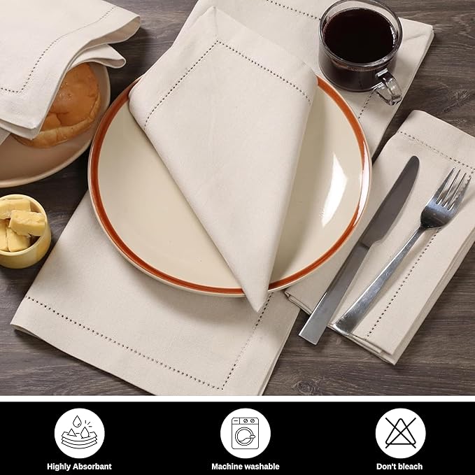 Bedding Craft Cotton Linen Cloth Dinner Napkins Set of 12 – 18x18 Flax Oatmeal Hemstitched – Machine Washable Reusable Fabric Napkins for Weddings, Parties & Events