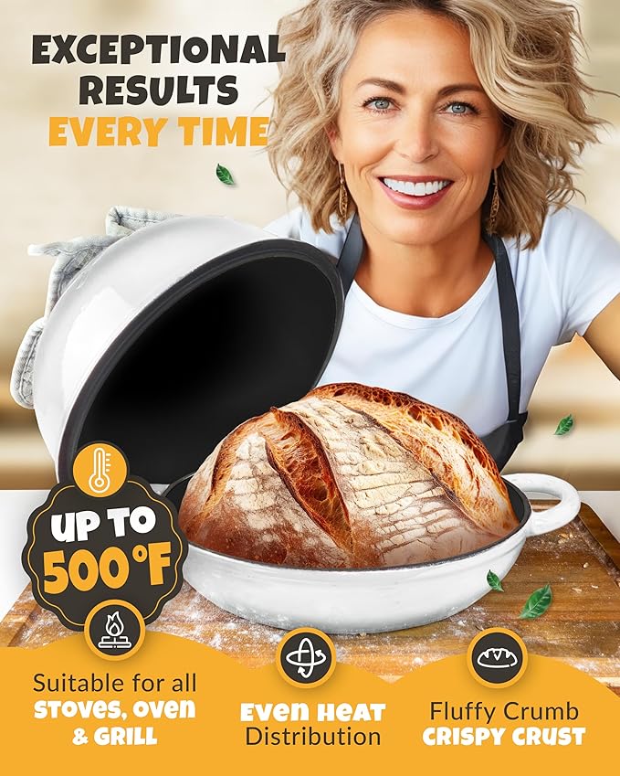 Dutch Oven Bread Baking - 5QT Enamel Bread-Dome - incl Sourdough Bread-Baking Suppliers like Dough Whisk Scoring Lame etc Bread-Oven Cast Iron for Sour dough Bread-Pan with Lid, Bread-making