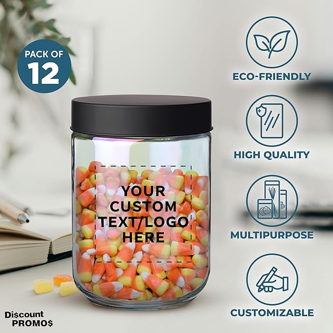 DISCOUNT PROMOS Custom Luminous 32 oz.Storage Jars Set of 12, Personalized Bulk Pack - Durable Kitchen Organization, Home Decor Essentials, Food Storage Solutions - Clear