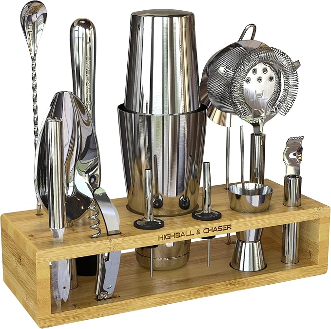 Highball & Chaser 13-Piece Boston Cocktail Shaker Set Stainless Steel Mixology Bartender Kit With Stand For Home Bar Cocktail Set | Laser Engraved Cocktail Tools | Plus E-Book with 30 Cocktail Recipes