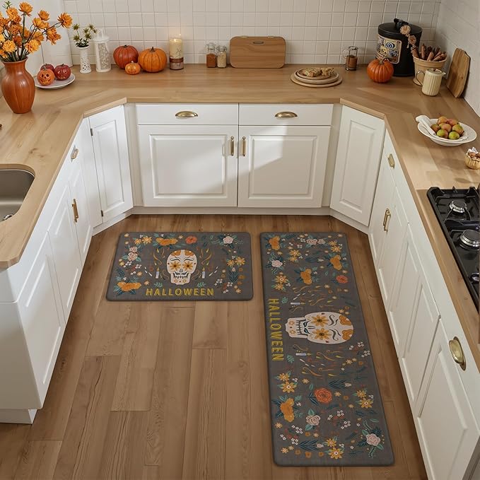 GENIMO Halloween Decorations - Kitchen Mats for Floor, 2PCS Kitchen Rugs, Cushioned Anti Fatigue Mat for Home Decor, Waterproof Non-Slip Comfort Standing Mat for Laundry, 17.3"x59"+17.3"x30", Grey