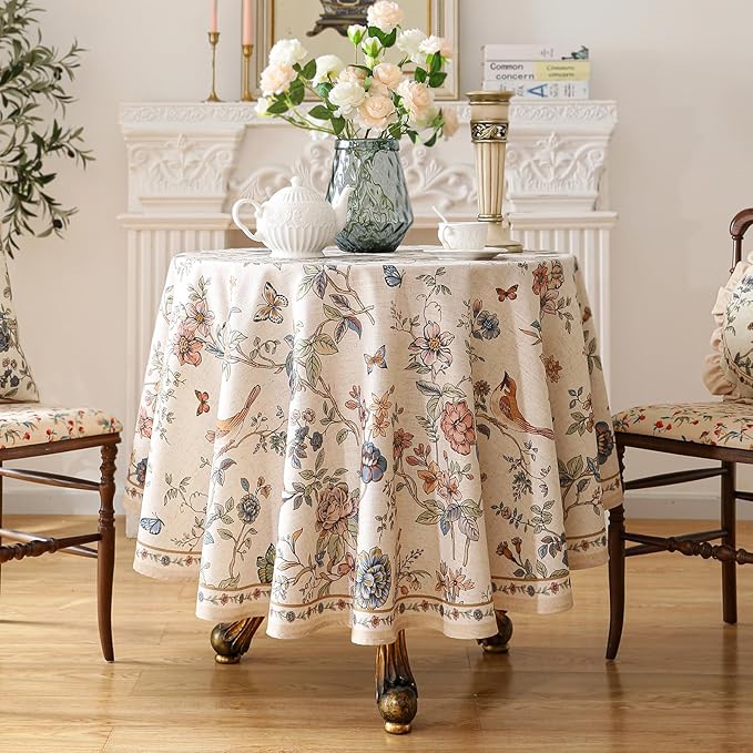 French Tablecloth for Round Tables,Linen Table Cloth with Flowers and Birds Pattern,Heavy Durable Table Cover for Dining Thanksgiving Kitchen Decor Party Christmas,Diameter 67"