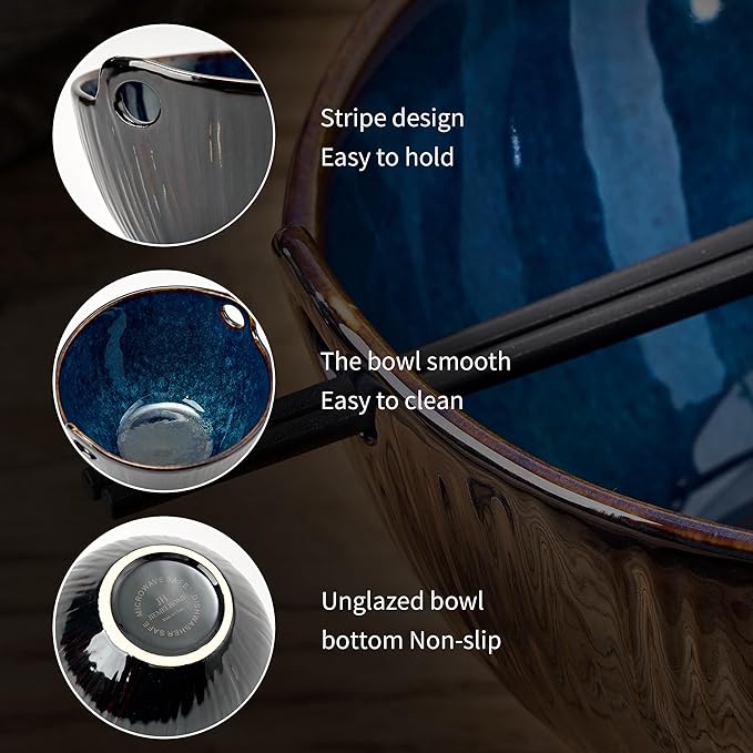 Ramen Bowl with Chopsticks and Spoons Set, 7 Inch Ceramic Noodle Bowl Set of 2, Dishwasher Safe for Pho Udon Soba Noodle Salad Pasta, Special Reactive Glazed Dark Blue Bowls Set