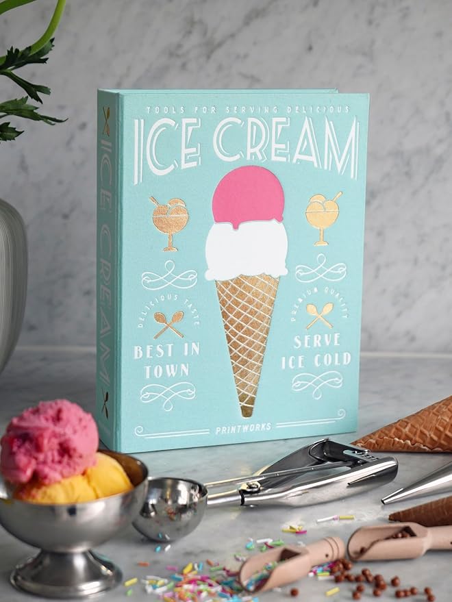 The Essentials, Ice Cream Tools – Stainless Steel Ice Cream Scoop with Trigger, Cone Shapes and Wooden Sprinkle Scoops, Book-Style Case