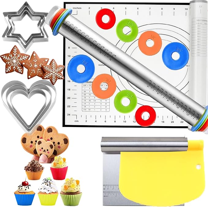 Adjustable Rolling Pin 20 Set and Silicone Baking Pastry Mat Set,Thickness Rings,Dough Roller & Steel Cutter& 6 Cookie Molds & 10 Cake Molds for Baking Dough Stainless Steel Dough Roller, Pizza, Pie