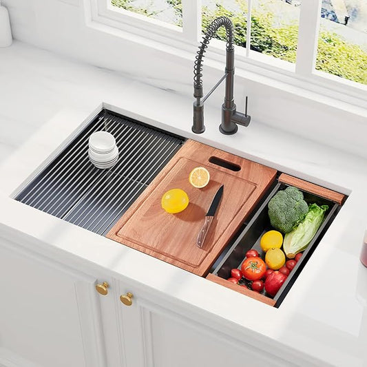 30 inch Black Undermount Kitchen Sink, Stainless Steel Undermount Workstation Sink 16 Gauge Handmade Single Bowl Kitchen Sinks R10 Round Corner with Ledge and Accessories (Pack of 5)