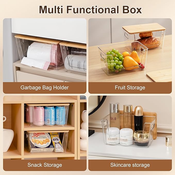 Citylife 2 PCS Small Stackable Storage with Bamboo Top Acrylic Trash Bag Dispenser Open Laundry Room Organizer with Handle