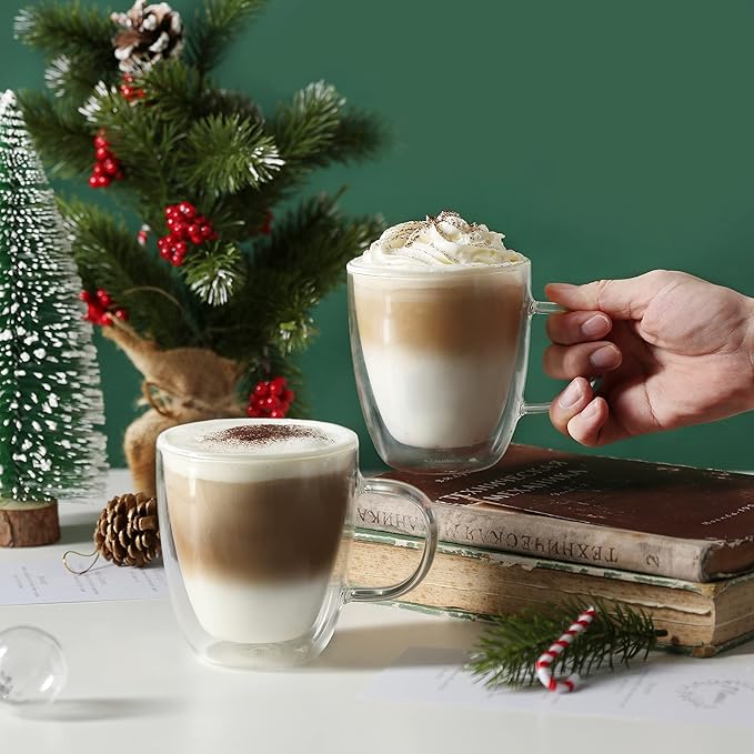 CNGLASS Large Glass Coffee Mugs 12oz,Double Walled Insulated Cappuccino Mug with Handle,Set of 4