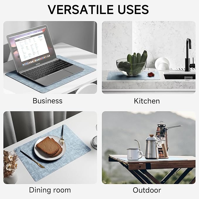 Faux Leather Vinyl Placemats Set of 4 Wipeable Heat Resistant Place Mats 100% Washable - Waterproof - Anti Slip Reversible Table Mats for Kitchen/Dining/Party/Outdoor, 12" x 16.5", Light Blue & Black