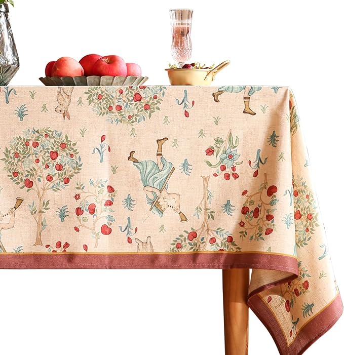 patdrea Designer Beige Tablecloth for Rectangle Tables,Vintage Elegant French Linen with Trees and Kids Pattern Table Cloth,Farmhouse Table Cover Cloth Decor for Kitchen Dining Christmas,55"*87"