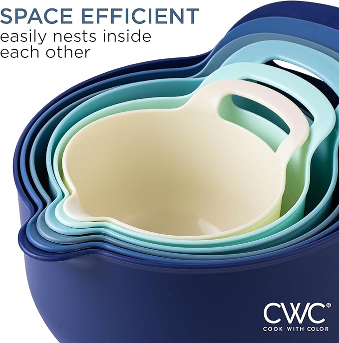 COOK WITH COLOR Nesting Plastic Mixing Bowl Set with Pour Spouts and Handles, Blue, 6 Piece Non-Slip