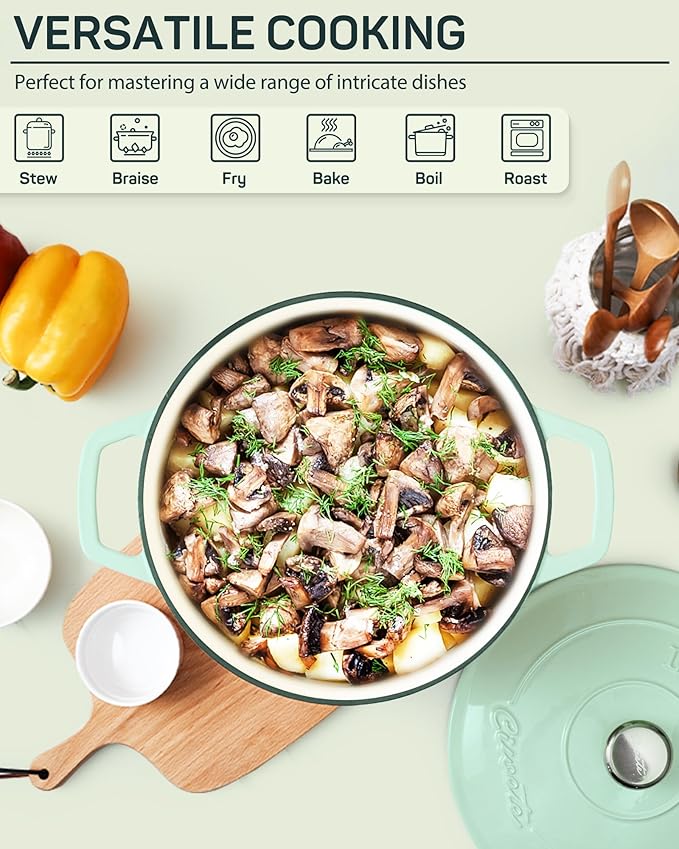 6 QT Dutch Oven Pot with Lid, Enameled Cast Iron Dutch Oven for Bread Making, Braiser, Cooking, Dual Handles, Oven Safe up to 500° F or on Stovetop, Gifts for Family - Mint Green