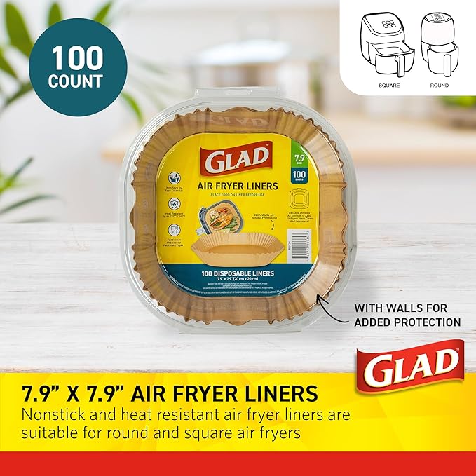 Glad Air Fryer Liners Rounded Square Shape with Walls, Nonstick and Heat Resistant, Food Grade Material, Suitable for Square and Round Air Fryers, Air Fryer Accessories, 7.9" - 100 Count