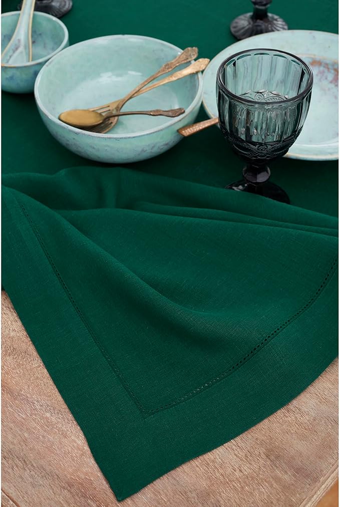 Solino Home Linen Placemats Set of 4 - Classic Hemstitch Rainforest Green Placemats 14 x 19 Inch - 100% Pure Linen Table Mats for Fall, Autumn, Thanksgiving, Christmas, Holiday, Winter