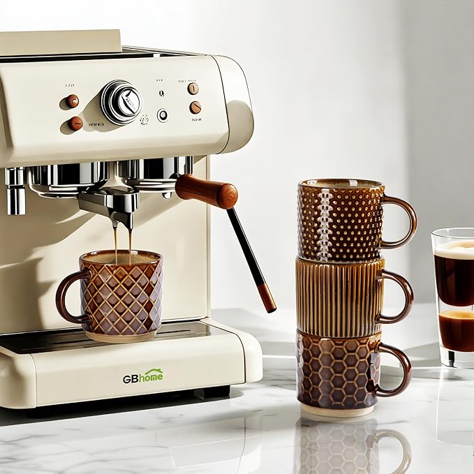 GBHOME 12 OZ Stackable Coffee Mugs, Ceramic Coffee Cups with Texture Patterns for Man,Woman,Dad,Mom, Modern Mugs Set of 4 for Latte/Cappuccino/Cocoa. Dishwasher&Microwave Safe