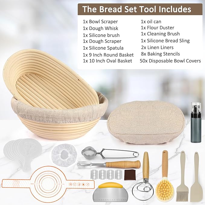 Banneton Bread Proofing Basket, Sourdough Bread Baking Supplies Kit, 10" Oval & 9" Round Banneton Baskets, Sourdough Basket Starter Set with Brush, Oil Can, Dough Whisk, Sling